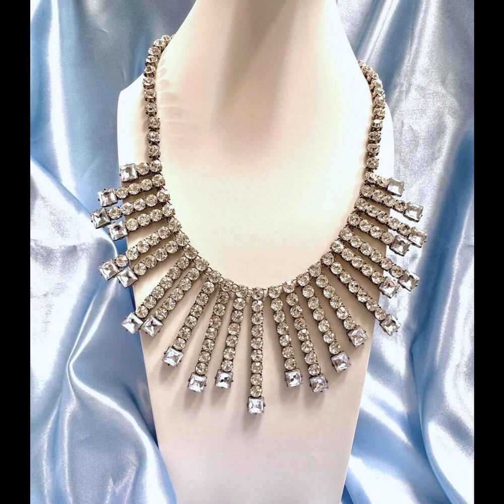 Unsigned Bronze Rhinestone Fringe Fan Statement Necklace